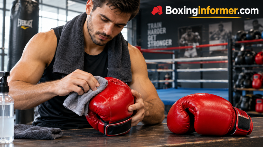 Boxer Cleaning Red Gloves in the Gym