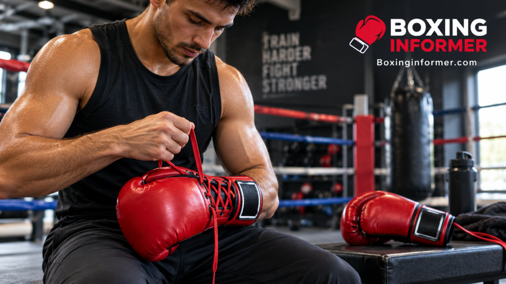 Boxer lacing up a pair of red boxing gloves in a gym before training