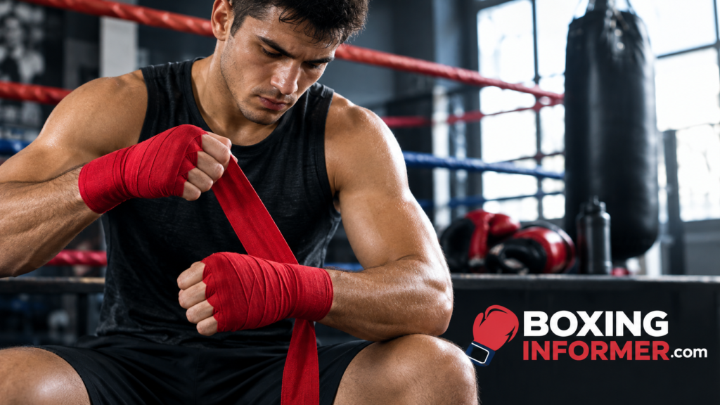 Boxer wrapping hands with red hand wraps before training