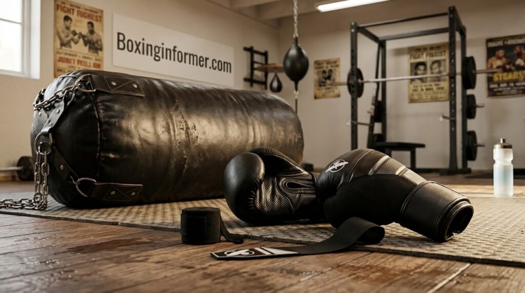 Boxing gloves resting near a heavy bag, ready for a training session