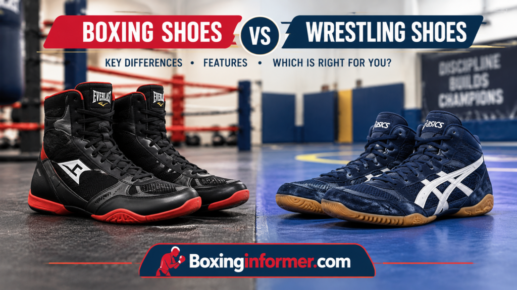 Boxing shoes and wrestling shoes placed side by side on a gym floor for comparison
