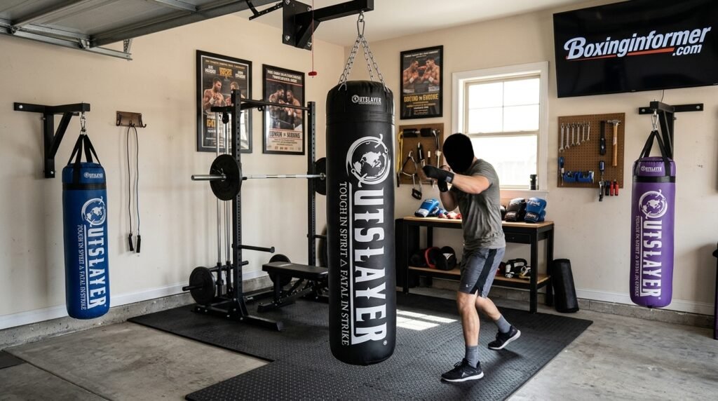 Outslayer 100 lb filled heavy bag hanging in a home training space