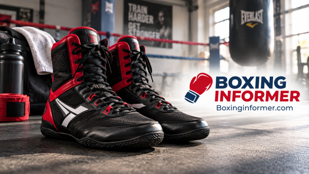 Pair of boxing shoes laced up and ready for training in the gym