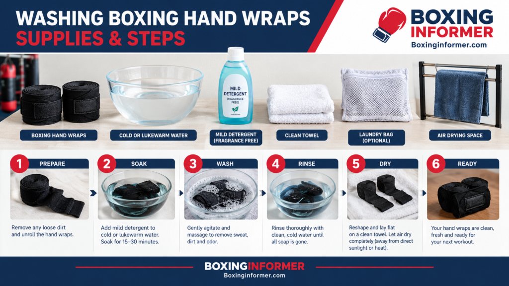 Step-by-step layout of supplies for washing boxing hand wraps